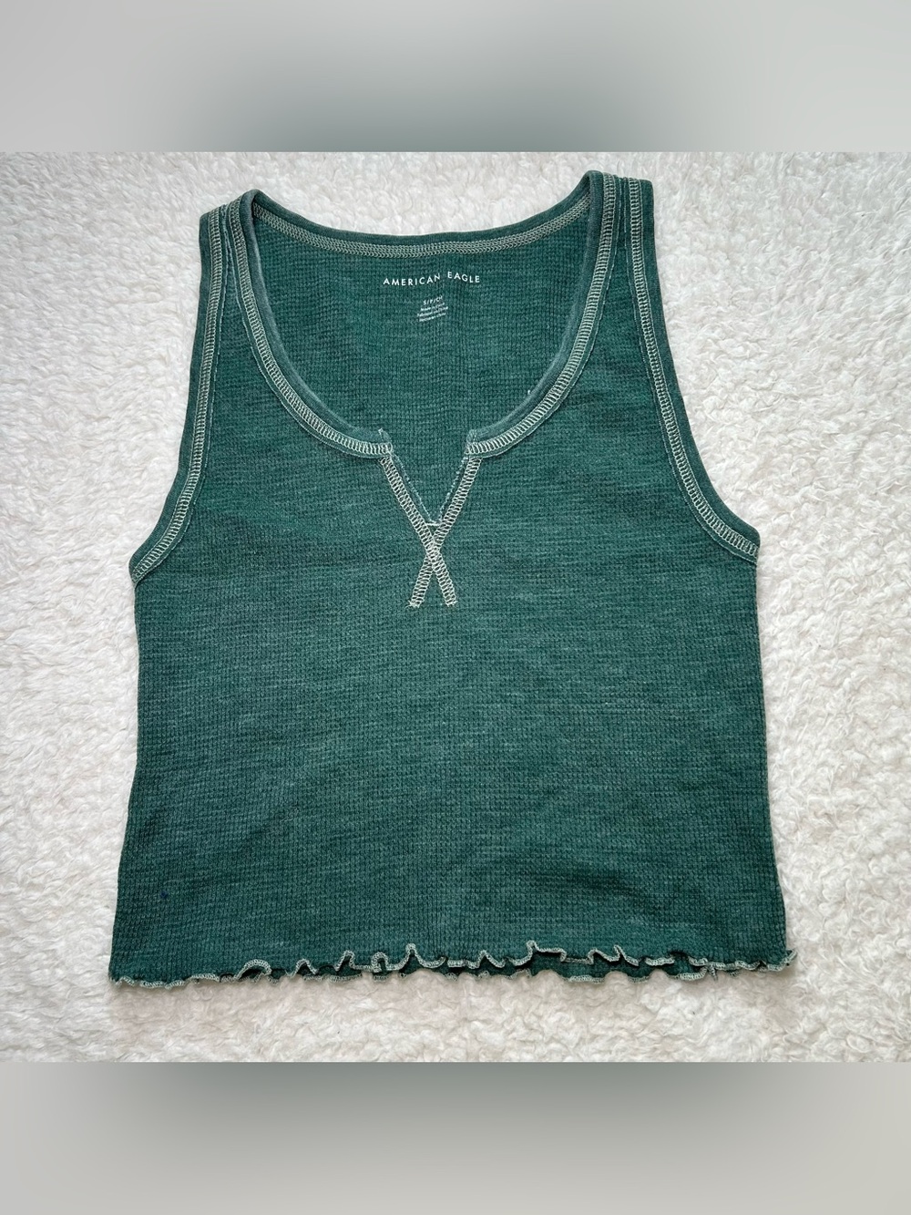 American Eagle Dark Green Waffle Knit Cropped Tank Top Small